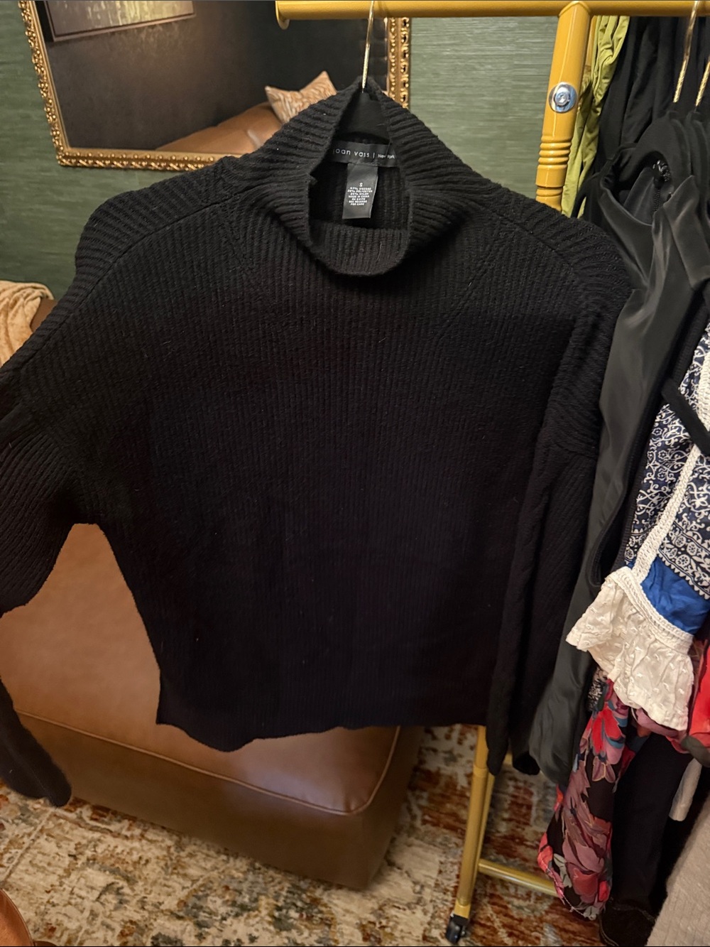 Joan Vass Black Ribbed Cowl Neck Sweater